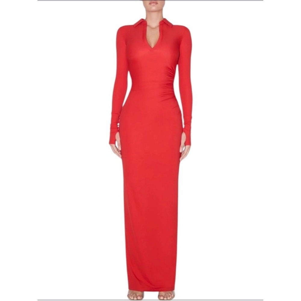 Khy Cherry Red Smooth Stretch Ruched Maxi Dress Size XS Long Sleeve Thumbhole